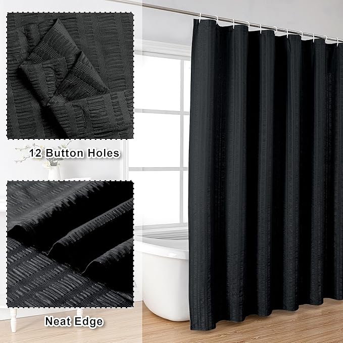 Aiyufeng Moga 3D Embossed Waterproof Fabric Shower Curtain - Hotel Quality Soft Black Shower Curtain Fabric, Light-Weight Cloth & Machine Washable - Standard Size 72x72, Black