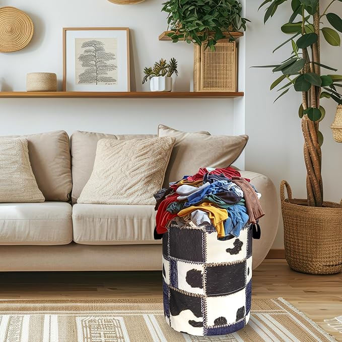 Cows Print With Denim Texture Laundry Hamper Foldable Oxford Cloth Animal Cow Laundry Basket With Handle Portable Clothes Storage Basket Laundry Bag 18.9"x16.5" For Laundry Room/Bedroom/Bathrooms
