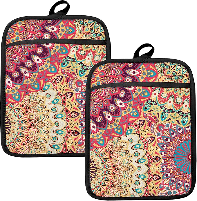 Colorful Abstract Mandala Floral Pot Holders for Kitchen, Boho Vibrant Ethnic Flower Botanical Heat Resistant Hot Pads and Oven Mitts for Baking Cooking