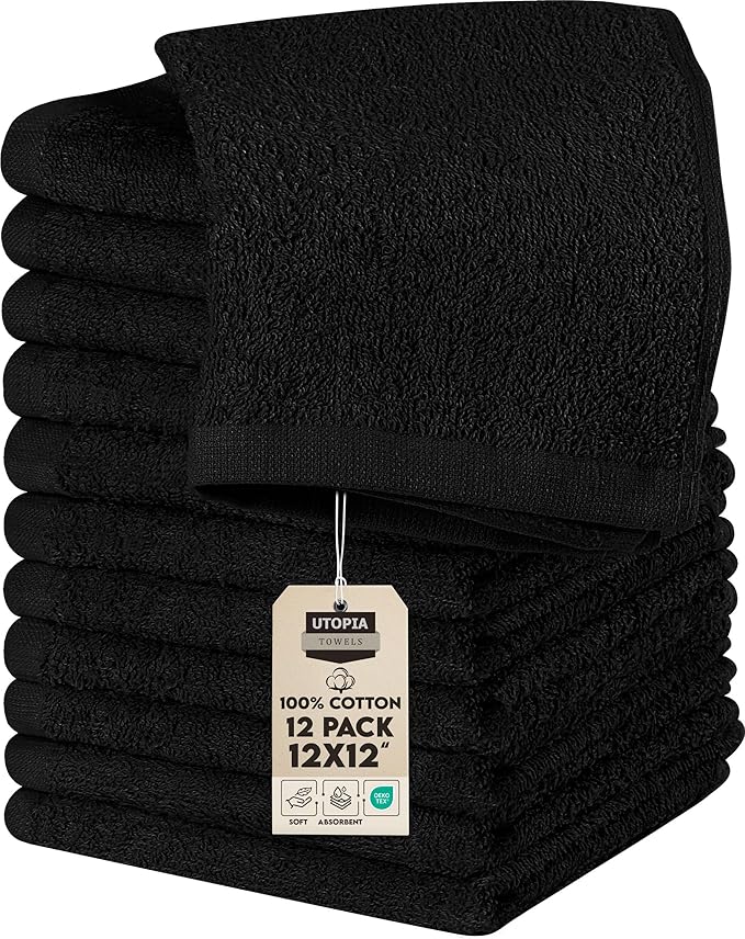 Utopia Towels 12 Pack Cotton Washcloths Set, 100% Ring Spun Cotton, Premium Flannel Face Cloths, Highly Absorbent and Soft Feel Fingertip Towels, Black