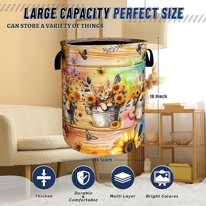 Cute Cats Sunflower Laundry Basket Oxford Cloth Animals Flower Funny Laundry Hamper With Handle Portable Clothes Storage Basket Foldable Laundry Bag 18.9"x16.5" For Laundry Room/Bedroom/Bathrooms