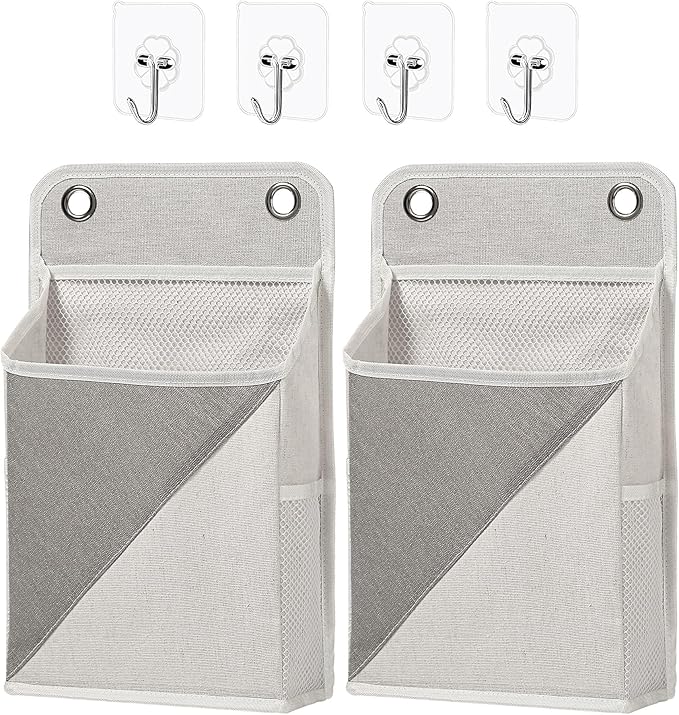 Someteth 2pcs Wall Hanging Storage Organizer Bag, Hanging baskets with pockets for Wall organizing, Storage Hanging Bag for Bedroom, Dormitory, Study Room, Bathroom (Grey/White)