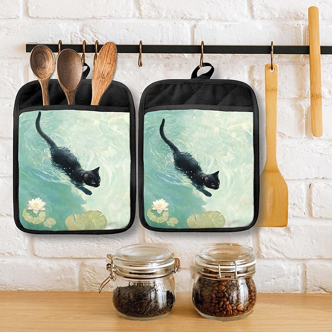 Black Cat Swimming in Waterlilies Pot Holders with Pockets, Cat Kitchen Decor, Whimsical Funny Black Kitten Oven Pot Holders Heat Resistant Oven Mitts Hot Pads for Kitchen Baking Cooking