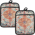 Rustic Vintage Boho Pot Holders for Kitchen, Abstract Orange Blue Boho Ethnic Floral Botanical Heat Resistant Hot Pads and Oven Mitts for Baking Cooking