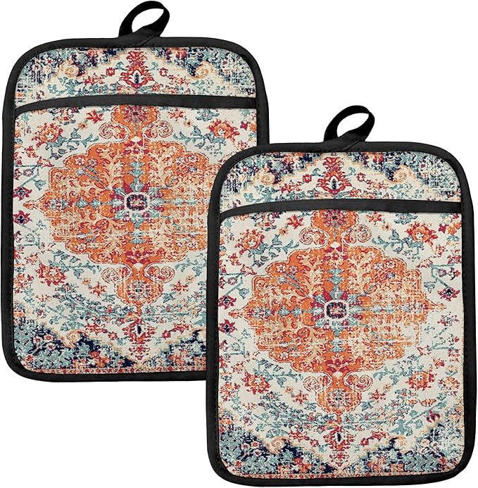 Rustic Vintage Boho Pot Holders for Kitchen, Abstract Orange Blue Boho Ethnic Floral Botanical Heat Resistant Hot Pads and Oven Mitts for Baking Cooking