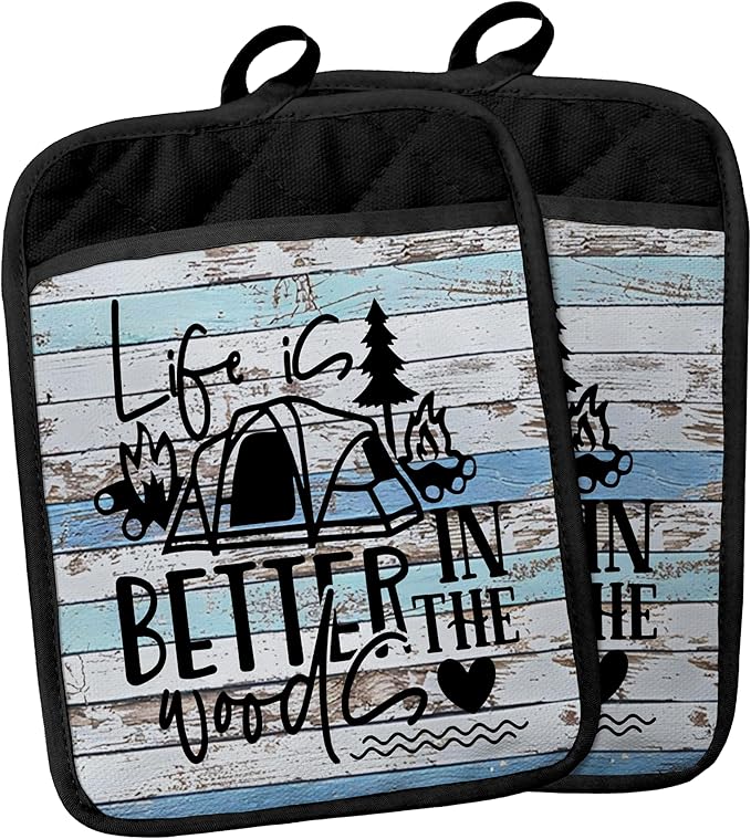 Hunting Gifts Pot Holders with Pockets, Cabin Gifts Life is Better in The Woods Pot Holders Heat Resistant Oven Mitts Hot Pads for Kitchen Baking Cooking,Potholders for Kitchens