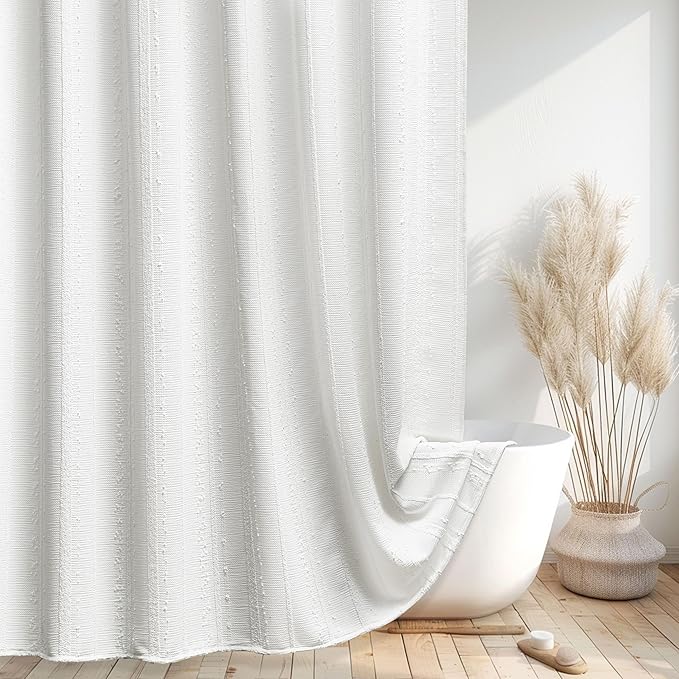 Lameirose White Shower Curtain Boho, Textured Shower Curtain Cotton Blend Waffle Weave Stripe Fabric Shower Curtains for Bathroom, Hotel, Washable, 72 x 72