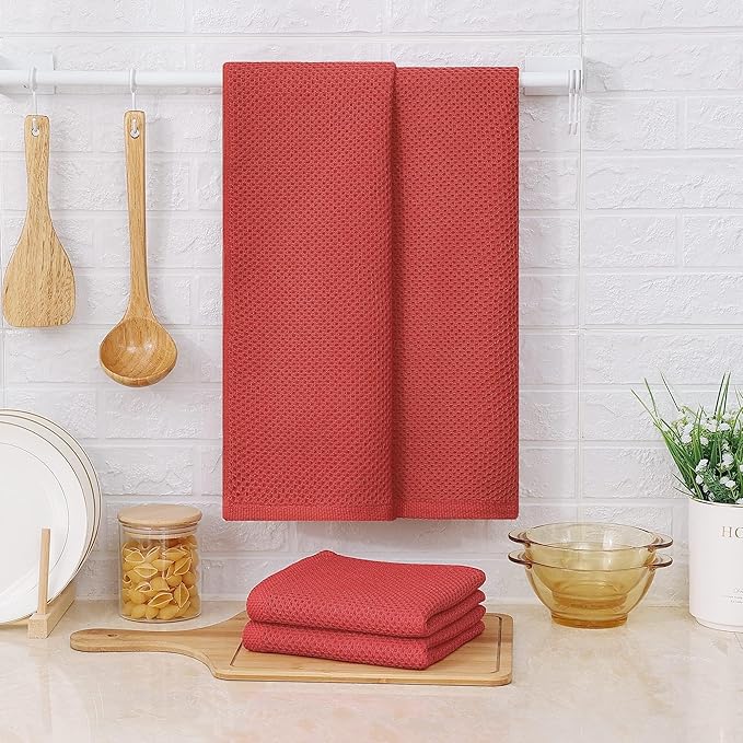 Kitinjoy 100% Cotton Waffle Weave Kitchen Towels, 4-Pack Super Soft and Absorbent Dish Towels for Drying Dishes, Kitchen Hand Towels, 13 in x 28 in, Brick Red