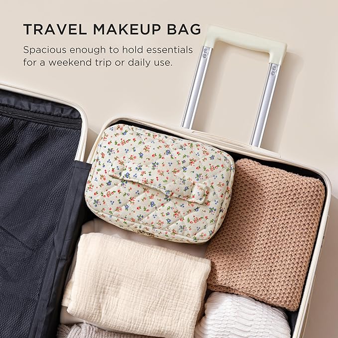 HBselect Christmas Gifts Large Quilted Makeup Bag, Cute Cotton Travel Makeup Bag with Handle, Portable Coquette Floral Make up Bags, Toiletry Organizer Make up Bags for Women Teen Girls Mom