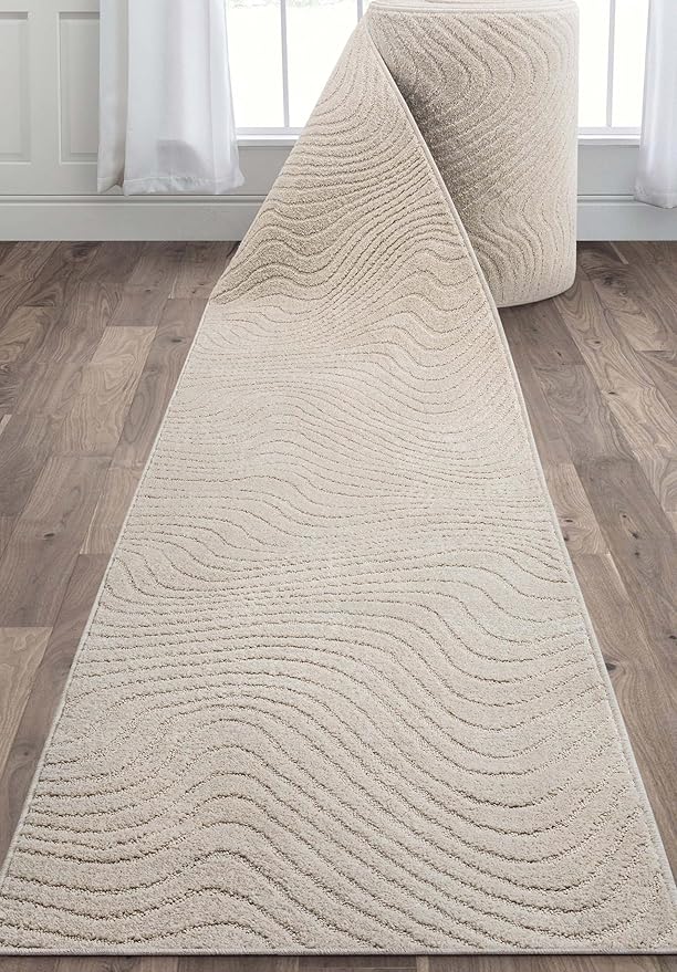 Well Woven Custom Size Hallway Stair Runner - Choose Your Length - 27 Inches Wide x 50 Feet Long Runner (27" x 50' Runner) Rug - Ivory Sibi Soft Touch, Modern Abstract - Hi-Lo Pile