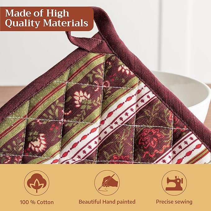 Maison d' Hermine Pot Holders 100% Cotton Heat Resistant Potholders 8" x 8" Hot Pads with Loop for Thanksgiving Christmas Decorations BBQ Cooking Handling Hot Pans (Pack of 1, Reveillon Au Jardin)