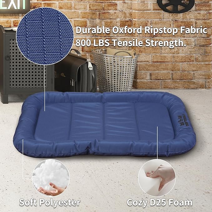 Warfort Durable Outdoor Dog Bed with Pillow Around Curling Sleep Fully Waterproof Indoor Cat Bed Crate Mat Stable Kennel Pad, for Pets (Blue, Small(23x18in))