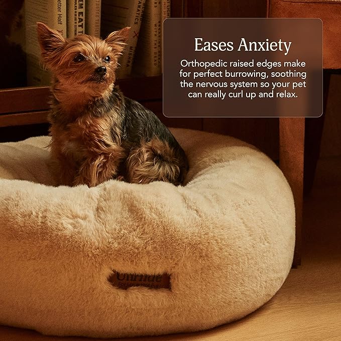 UnHide Floof Pet Bed - Small (23" x 8") - Extra Soft Dog Bed - Removable Faux Fur Cover - Machine Washable - Helps Ease Pet Anxiety & Provides The Perfect Sleep - Cowhide