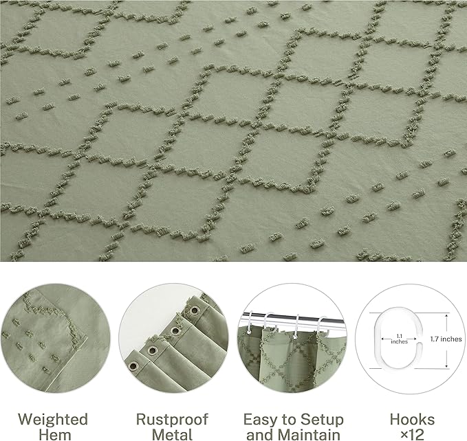 Siiluminisoy Sage Green Boho Shower Curtain Fabric Shower Curtain, 72 x 72 Tufted Chevron Textured Striped Modern Farmhouse Minimalist Cloth for Bathroom