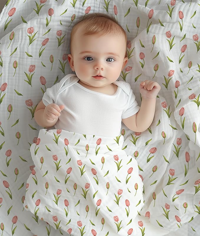 Stellar Kiddos Muslin Swaddle Blankets, Soft Breathable Cozy Baby Blankets for Newborn Boys and Girls, 47” X 47“, 2 Pack Receiving Swaddles, 70% Viscose from Bamboo 30% Cotton (Garden Grace)