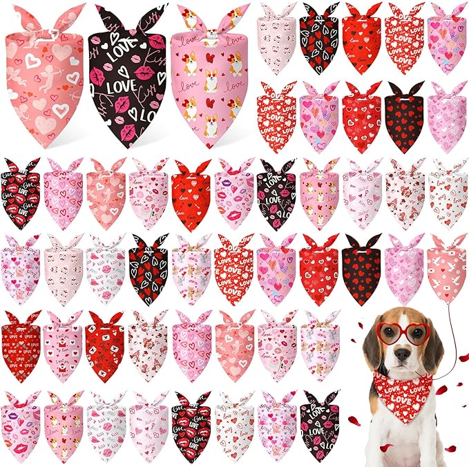 Abbylike 50 Pcs Valentines Day Dog Bandanas Bulk Red and Pink Bandanas for Dogs Triangle Kerchief Bibs Scarf for Pet Romantic Costume Photo Props Accessories Pet Shops Groomers (31.5 x 21.7 x 21.7)