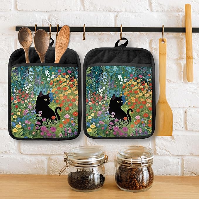 Abstract Wildflower Black Cat Pot Holders with Pockets, Cottagecore Kitchen Decor, Whimsical Floral Cat Oven Pot Holders Heat Resistant Oven Mitts Hot Pads for Kitchen Baking Cooking