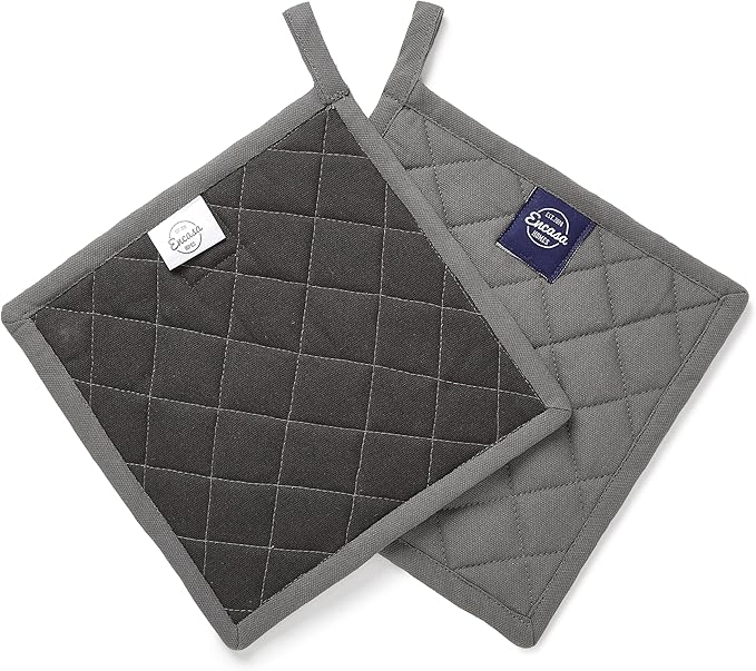 Encasa XO Heat Resistant Cotton Pot Holders with Hanging Loop - Set of 2 - Grey - Multipurpose Quilted Everyday Hot Pad for Kitchen, Camping, BBQ & Microwave - 8x8 in