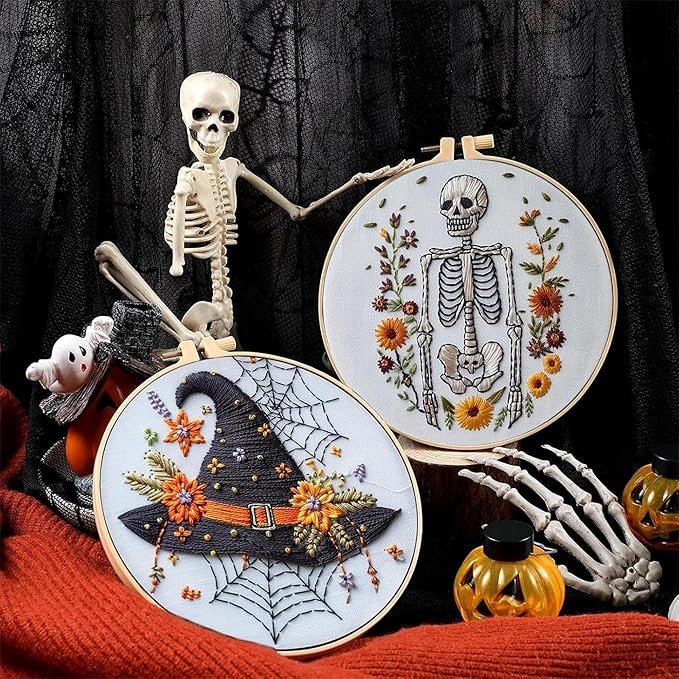 QBQBQ 4 Set Embroidery Kit for Beginners, Cross Stitch Kits Include 6 Inch Hoop, Needles, Threads, DIY Crafts for Adults, Halloween, Skull & Witch Hat Pattern, Home Decor Gift Idea