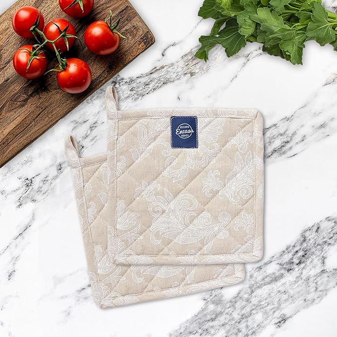Pot Holders for Kitchen | Heat Resistant Pads | Set of 2 | Hot Dish Holder Sets | 8x8 in |for Cooking, Baking, Grilling, Microwave & BBQ, Chambray Beige by Encasa XO