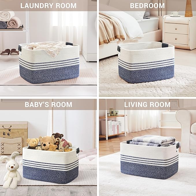 SunNewt 72L Large Laundry Basket with Leather Handles for Living Room Storage, Woven Rope Baskets Bin for Blanket, Kids Toy, Gifts, Wicker Hamper for Bedroom Dirty Clothes, 22"x17"x12" Denim Blue