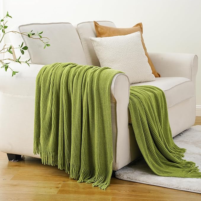 BATTILO HOME Apple Green Throw Blanket for Couch, Soft Chenille Knit Throws with Tassels for Home Decor, Spring Green Throws for Couch Cover, 50"x60"
