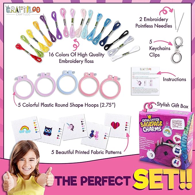Cross Stitch Kits For Beginners. 5 Stamped Cross Stitch Kits for Kids.Needlepoint Kits For Beginners. Embroidery Kit For Kids. Crossstitch Kit For Beginners. Girls cross stitch kit Backpack Charms