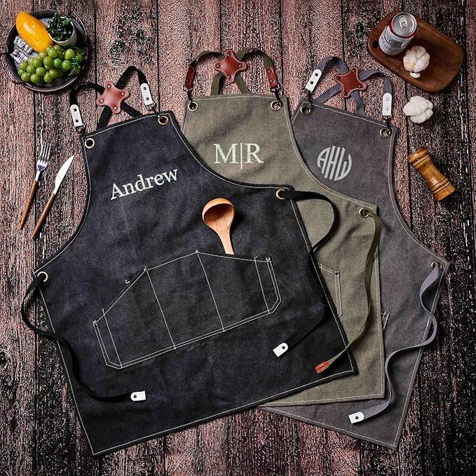 Personalized Apron with Embroidered Initial, Denim Canvas Custom Aprons for Men, Adjustable Mens Apron Cooking Aduit Men Gift Trendy Stufff, Kitchen Essentials,Barbeque w/Styles & Patterns