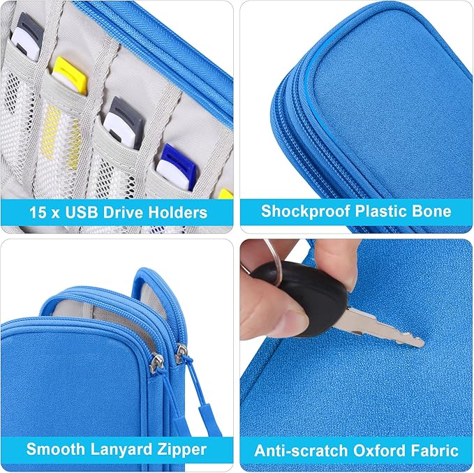 Lacdo USB Flash Drive Case Thumb Drive Holder Case Organizer Portable Electronic Accessories Storage Bag for SanDisk/SamData/Samsung USB Flash Drives Jump Drive Memory Stick, SD Card, Cable, Blue