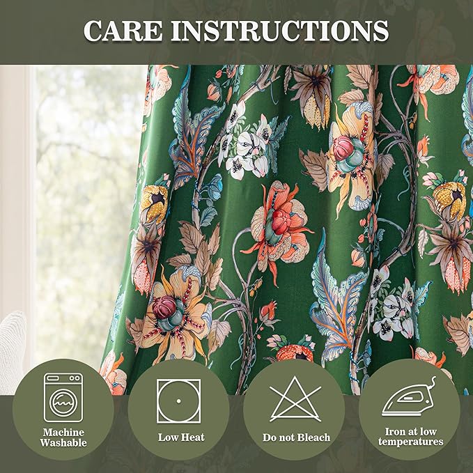 MYSKY HOME Green Floral Blackout Curtains 84 Inch Length 2 Panels Set Black Out Thermal Insulated Energy Efficient Grommet Cottagecore Flower Patterned Vintage Botanical Drapes for Living Room, 52" W