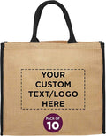DISCOUNT PROMOS Custom Fresno Eco Friendly Jute Tote Bags Set of 10, Personalized Bulk Pack - Reusable, Great for Tradeshows, Grocery, Shopping and Outdoor Events - Black