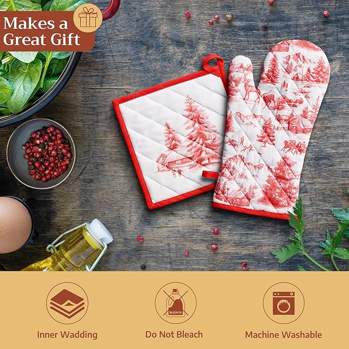 Maison d' Hermine 100% Cotton Oven Mitt & Pot Holder Set (7.5"x13" & 8"x8") Heat Resistant BBQ Cooking Gloves with Loop for Thanksgiving Christmas Decorations Handling Hot Pans (Winter Jouy)