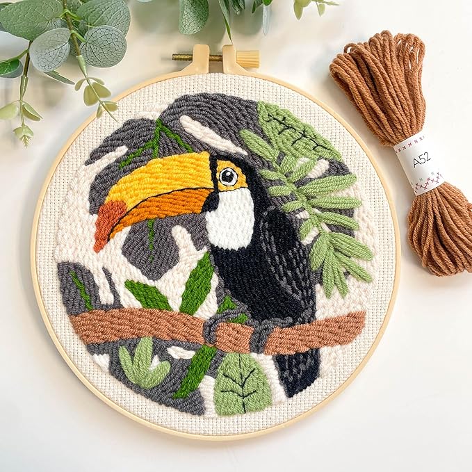 Myfelicity Punch Needle Embroidery Kit, Beginner Craft Set with Animal Pattern Design, 7.9 Inch Hoop (Toucan)