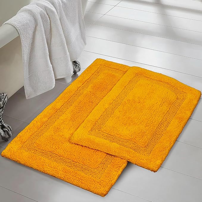 C23 Luxury 2200 GSM Heavyweight Bath Mat Pack of 2 Tufted Cotton 20"x32" & 16"x24" Mustard Yellow Thick & Plush Bathroom Rugs Ultra-Absorbent, Quick Dry, Anti-Slip Natural Latex Back, Machine Washable