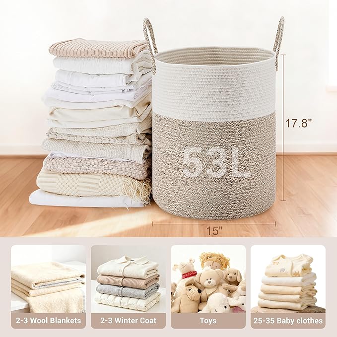 SunNewt Tall Laundry Basket with Handles, 53L Portable Dirty Clothes Hamper, Boho Cotton Rope Storage Bin for Blankets Kids Toys Gifts, Decorative Organizer for Baby Nursery Bedroom Bathroom, Brown