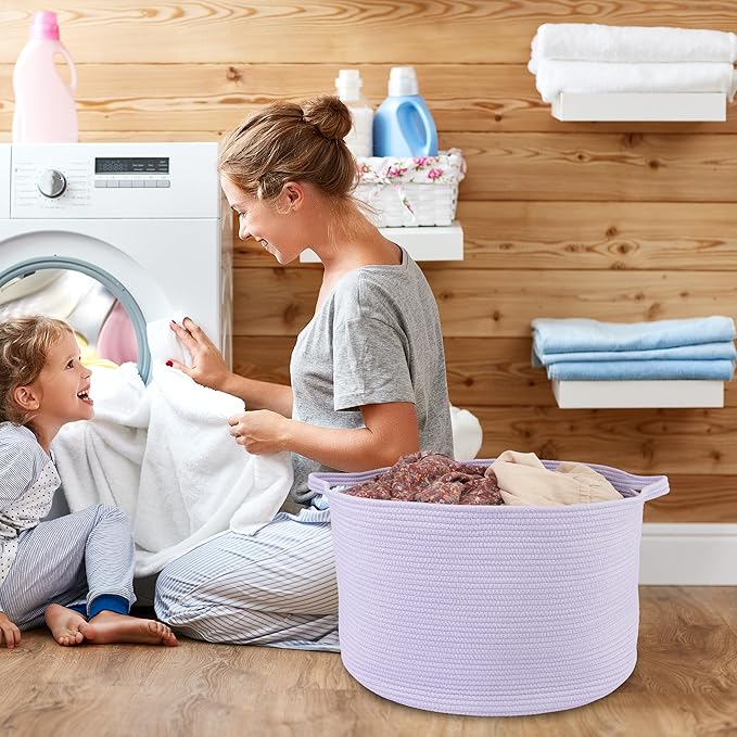 XUANGUO Large Cotton Rope Basket Blankets Basket Living Room 22"x14" Toy Basket for Kids Rope Storage Basket for Nursery Woven Laundry Basket for Clothes Baby Toy Storage round purple or Lavendor