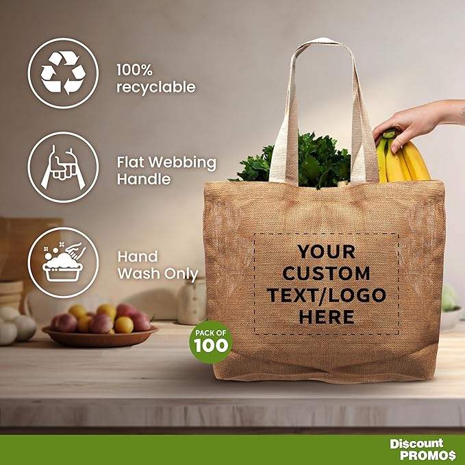 DISCOUNT PROMOS 100 Natural Jute Fiber Carry-On Tote Bags Set - Customizable Text, Logo - Convenient, Webbing Handle, Everyday Use - Natural