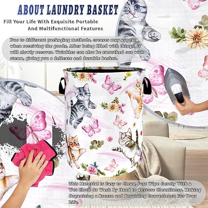 Cute Cats Butterfly Laundry Hamper Foldable Oxford Cloth Animal Floral Flowers Laundry Basket With Handle Portable Clothes Storage Basket Laundry Bag 18.9"x16.5" For Laundry Room/Bedroom/Bathrooms