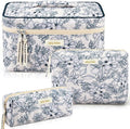 Zeyune 3 Pcs Makeup Bag Quilted Cosmetic Bags Large Floral Makeup Bag Set for Women Cotton Flower Travel Toiletry Storage Cute with Zipper for Women Mom Birthday Gift Home Bathroom(Blue Plants)
