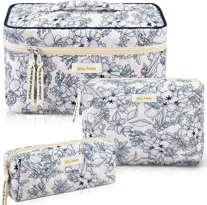 Zeyune 3 Pcs Makeup Bag Quilted Cosmetic Bags Large Floral Makeup Bag Set for Women Cotton Flower Travel Toiletry Storage Cute with Zipper for Women Mom Birthday Gift Home Bathroom(Blue Plants)