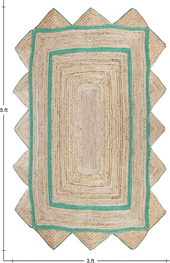 Scalloped Edge Rug, Hand Woven Natural Jute Area Rug, 6x8 Ft Beige & Green Braided Sisal Kilim Rugs for Living Room, Kitchen, Entryway, Farmhouse