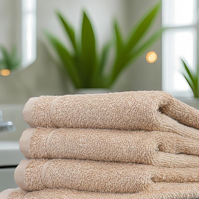 Tens Towels Pack of 24 Washcloths, 12 x 12 Inches, Lighter Weight, Quick to Dry, Super Soft & Absorbent, Gentle Face Towels, Hotel Quality, Perfect for Bathroom, Gym, Spa (Beige, 24 Pack)