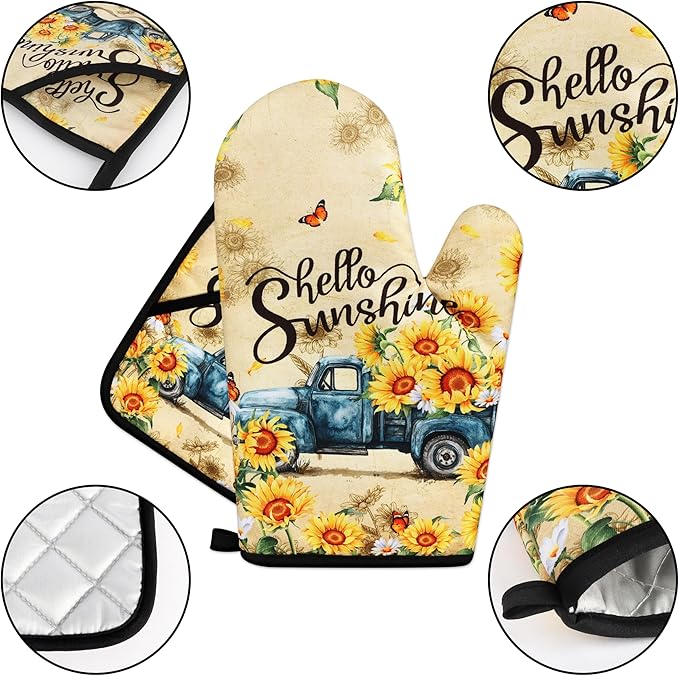 Sunflower Oven Mitts and Pot Holders Sets Vintage Floral Oven Gloves Heat Resistant 4 Pcs Farmhouse Decorative Kitchen Hot Pads and Mitts for Baking Cooking Grilling