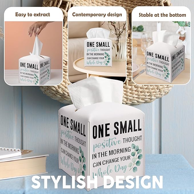 Leather Facial Paper Organizer, Tissue Box Cover Square with Belt Bottom, Inspirational Quote Gift Ideas for Coworkers, One Small Positive Thought Decor for Bathroom Office-(5.2 Inches) A25
