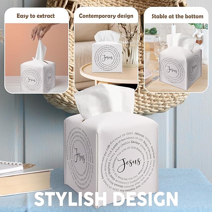 Christian Decorative Tissue Box Cover Square, Tissue Box Cover Holder with Belt Bottom, Jesus Quote Gift Ideas for Friends, Jesus Inspirational Decor for Bathroom Office-(5.2 Inches)