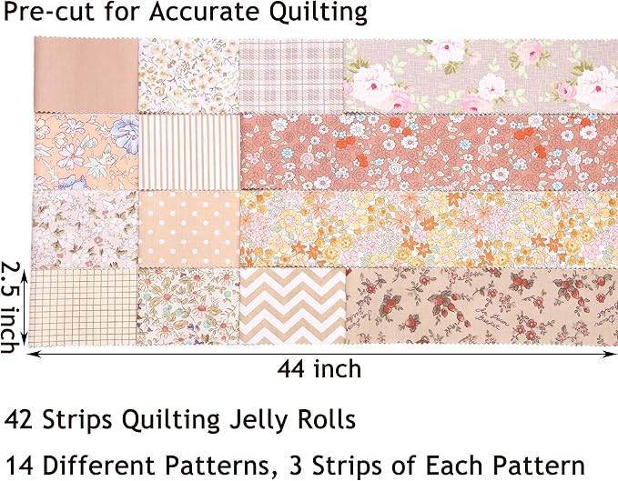Hanjunzhao Jelly Roll Fabric Strips for Quilting, Crafting, and Sewing, 42 Strip Jelly Rolls Fabric Clearance, Soft Cotton for Blanket, Rug, Upholstery, Home Decor, and Purse Making, Light Coffee
