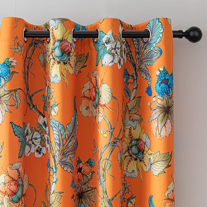 MYSKY HOME 95% Blackout Floral Curtains 63 Inches Long 2 Panels Set for Bedroom Thermal Insulated Light Blocking Curtain Printed Flower Vintage Style Grommet Top Drapes for Girls Room, 52" W, Orange