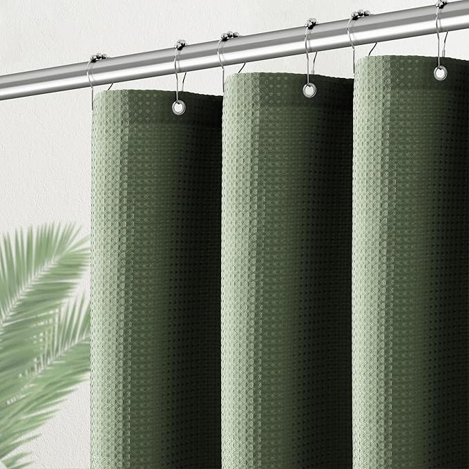 PANGSINNE Green Stall Shower Curtain Waffle Weave Fabric, Luxury Waterproof 256GSM Heavy Duty Camper Shower Curtain for Travel Trailers with 6 Metal Hooks, 36Wx72H Sage Green