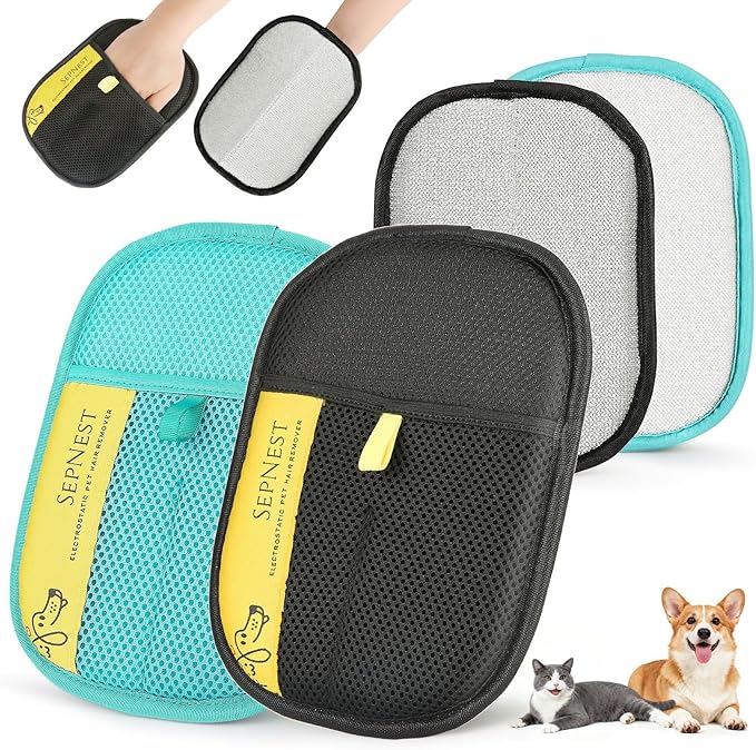SEPNEST Electrostatic Pet Hair Remover Glove, Teal Mesh Fabric and Black, Reusable Dog Cat Hair Removal Tool for Furniture, Clothing, Car Seats (2 Pack)