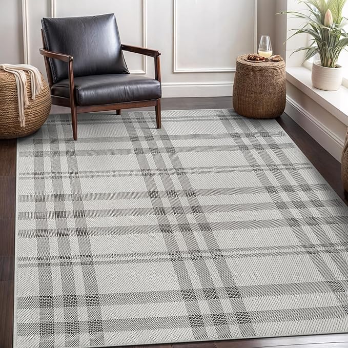 CAMILSON Easy Jute Rug 4x6, Indoor Outdoor Off-White Color Fiber Area Rugs for Living Room Patio and Dining Room Rug, Checkred Boho Woven Design, Easy-Cleaning, Washable Outside Carpet (4 x 6)